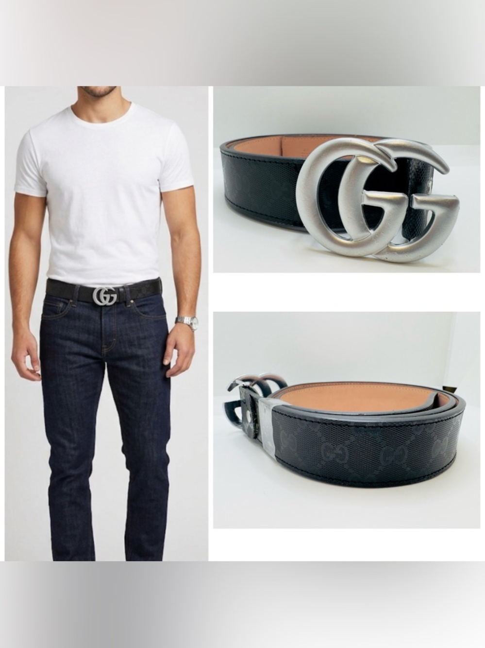 Fashion Men's Black Monogram Belt with Silver Double G Buckle